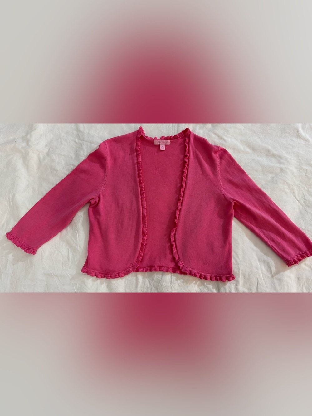 Lilly Pulitzer  Hot Pink Ruffle Trim Cotton V-Neck Knit Cardigan Size Small